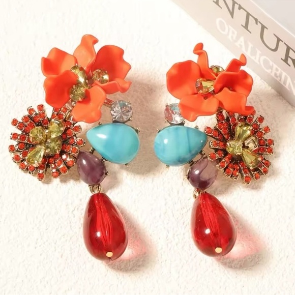Floral Orange Gemstone Drop Earrings - Picture 1 of 7